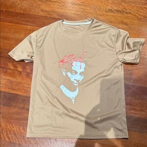 Stylish Tan Graphic Tee with Red Design